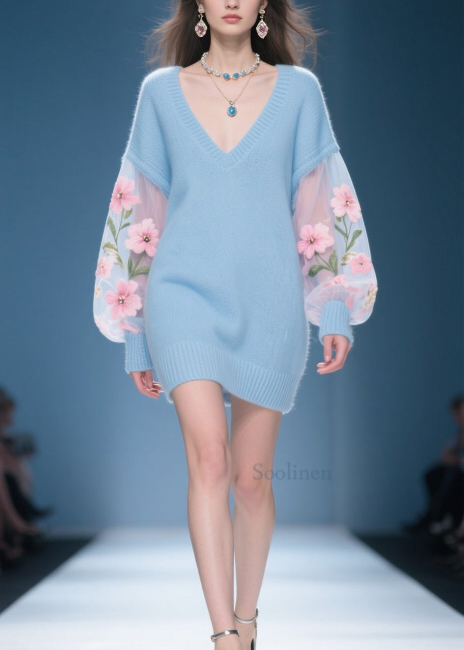 New Blue V Neck Patchwork Knit Sweater Dress Fall