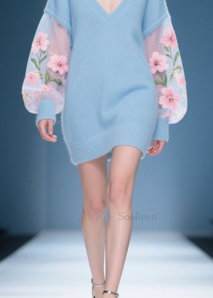 New Blue V Neck Patchwork Knit Sweater Dress Fall