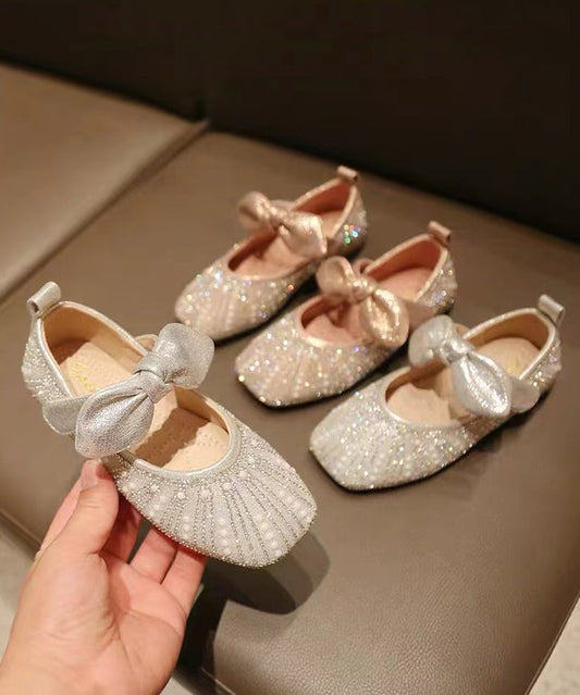 New Bow Zircon Nail Bead Kids Flat Shoes Silver Faux Leather