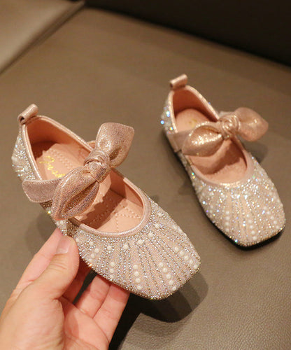 New Bow Zircon Nail Bead Kids Flat Shoes Silver Faux Leather