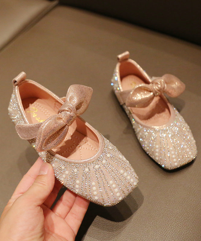 New Bow Zircon Nail Bead Kids Flat Shoes Silver Faux Leather