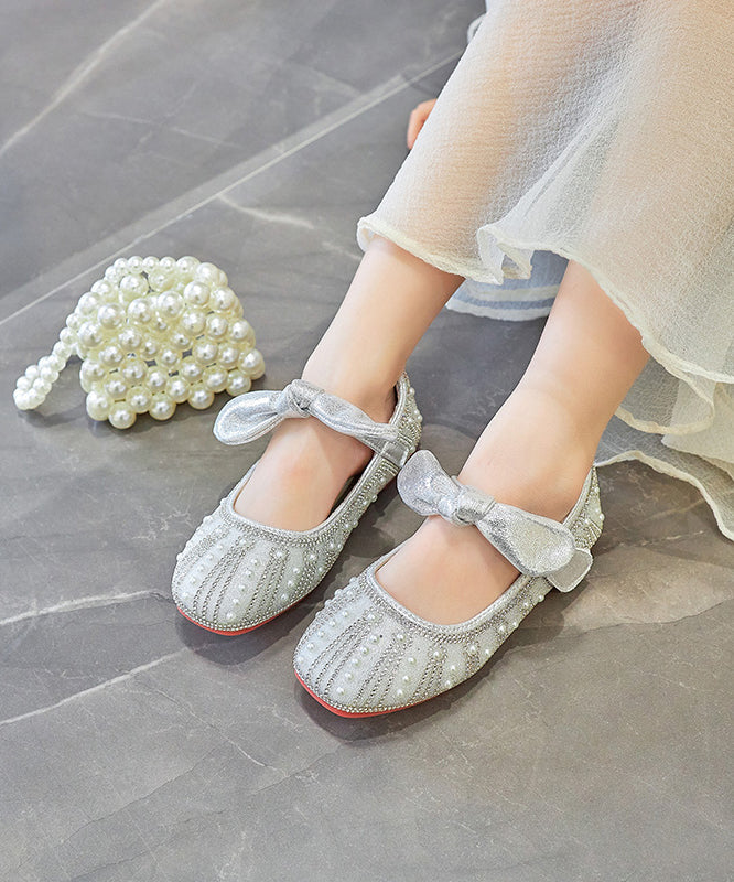 New Bow Zircon Nail Bead Kids Flat Shoes Silver Faux Leather