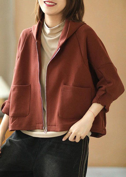 New Brick Red Hooded Zippered Pockets Fall Sweatshirts Top