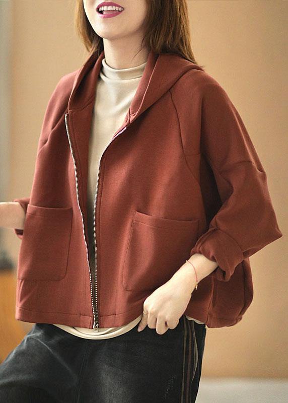 New Brick Red Hooded Zippered Pockets Fall Sweatshirts Top