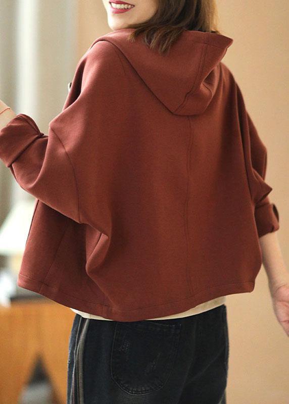New Brick Red Hooded Zippered Pockets Fall Sweatshirts Top