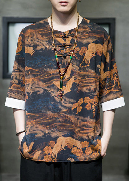 New Brown Button Print Ice Silk T Shirt Half Sleeve