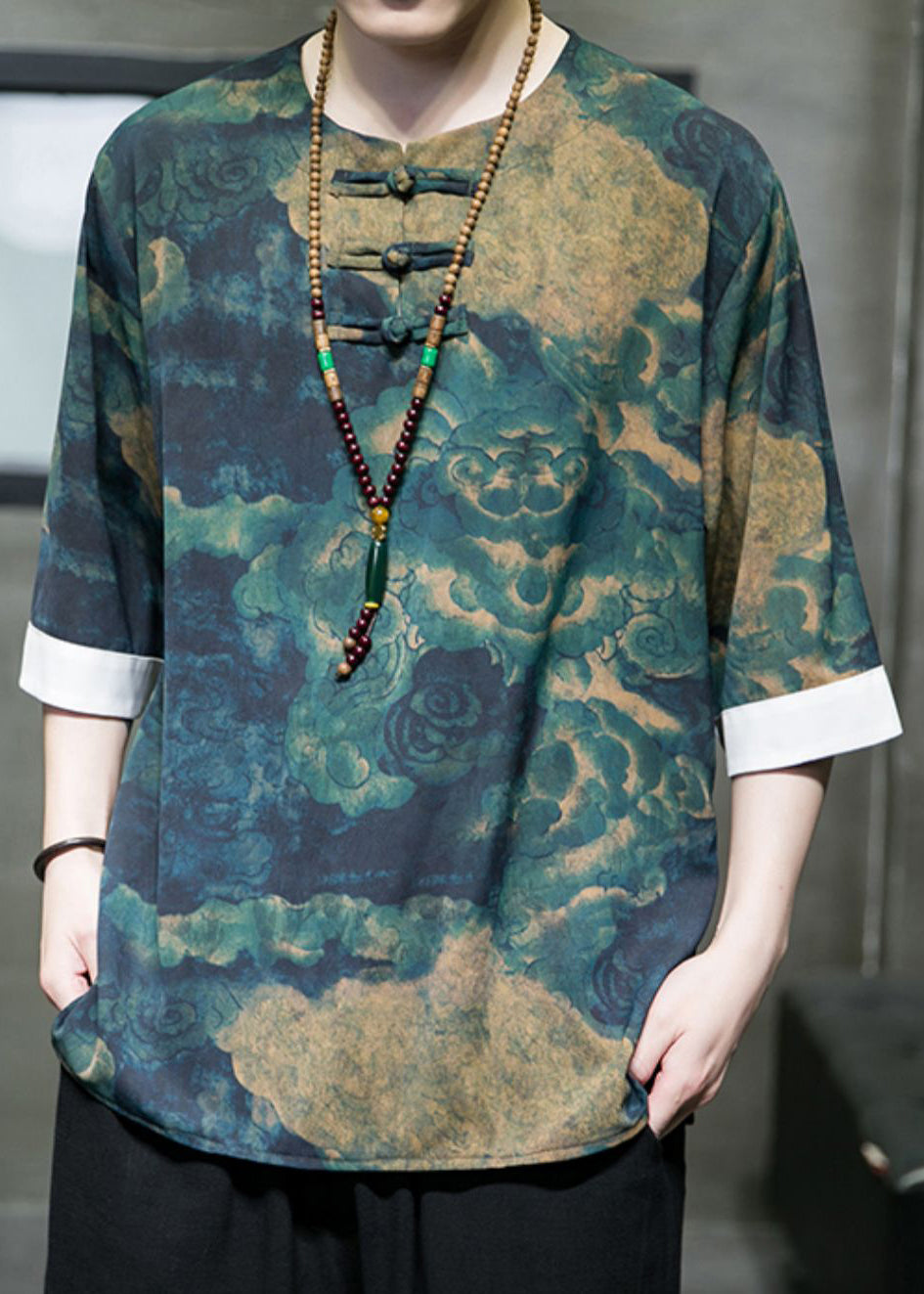 New Brown Button Print Ice Silk T Shirt Half Sleeve