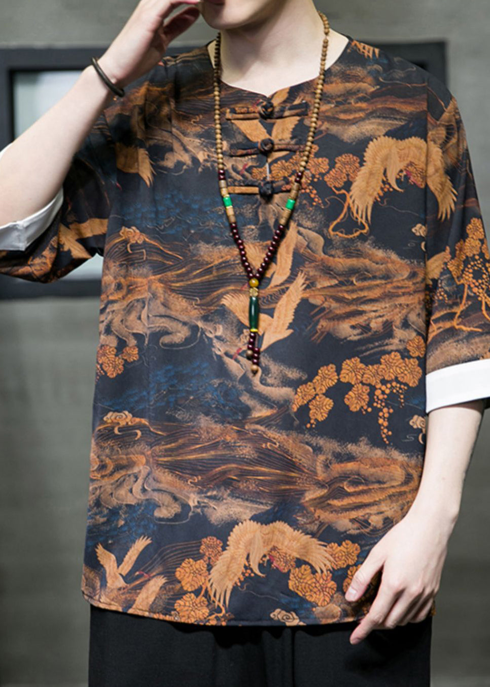 New Brown Button Print Ice Silk T Shirt Half Sleeve