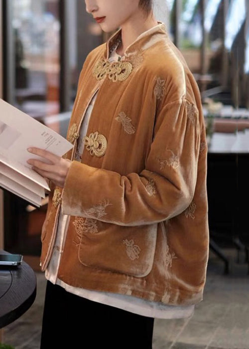 New Brown Chinese Button Pockets Parka Winter