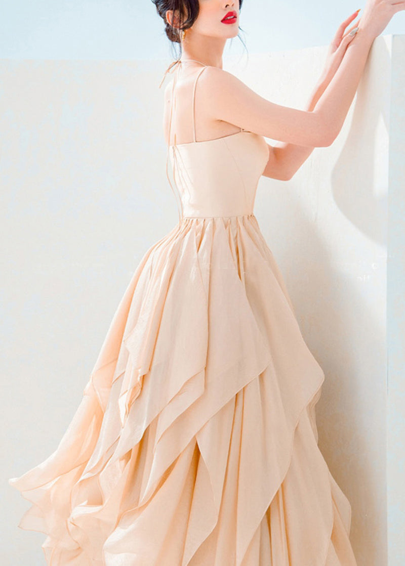 New Brown Lace Up Cotton Spaghetti Strap Dress Sleeveless