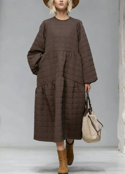 New Brown O Neck Patchwork Fine Cotton Filled Maxi Dress Winter