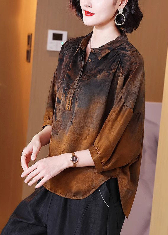 New Brown Peter Pan Collarbutton Silk Blouse Half Sleeve