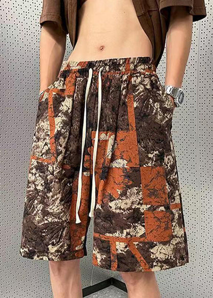 New Brown Pockets Elastic Waist Cotton Shorts Summer