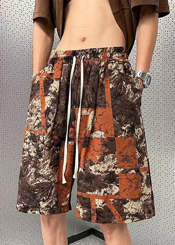 New Brown Pockets Elastic Waist Cotton Shorts Summer