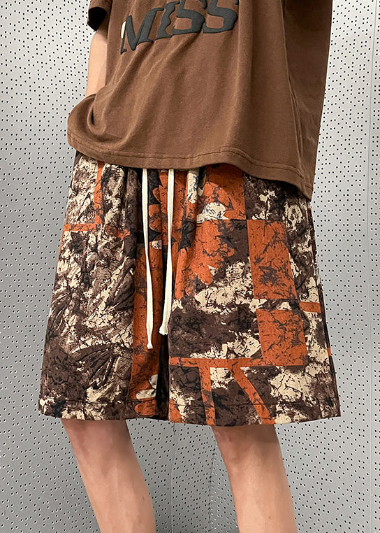New Brown Pockets Elastic Waist Cotton Shorts Summer