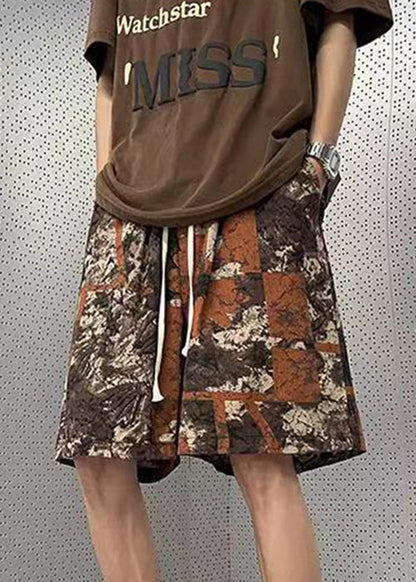 New Brown Pockets Elastic Waist Cotton Shorts Summer