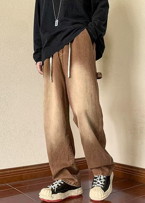 New Brown Pockets Elastic Waist Denim Pants Spring