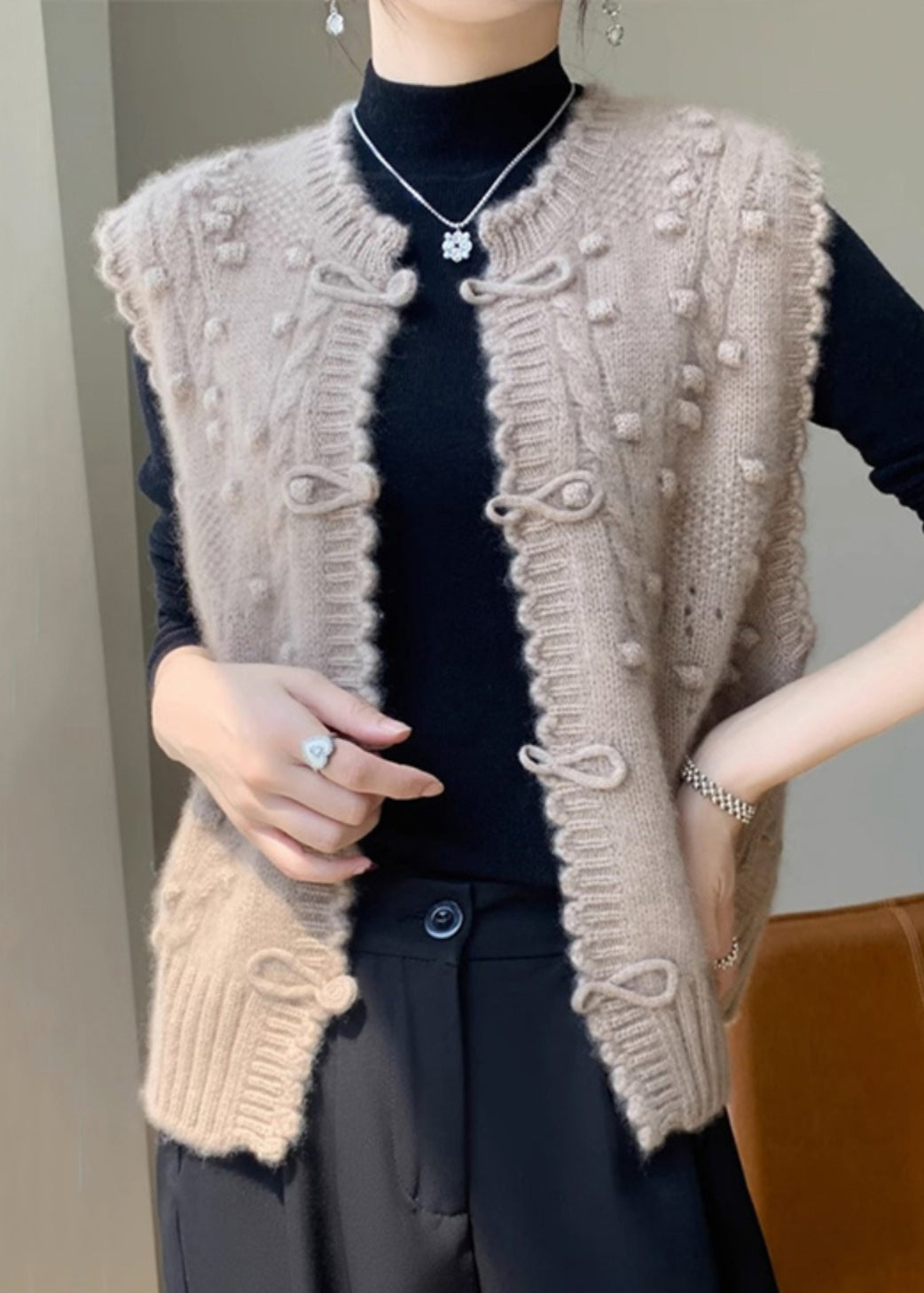 New Camel O Neck Button Cotton Knit Waistcoat Sleeveless