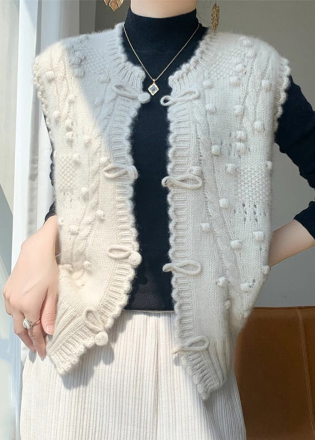 New Camel O Neck Button Cotton Knit Waistcoat Sleeveless
