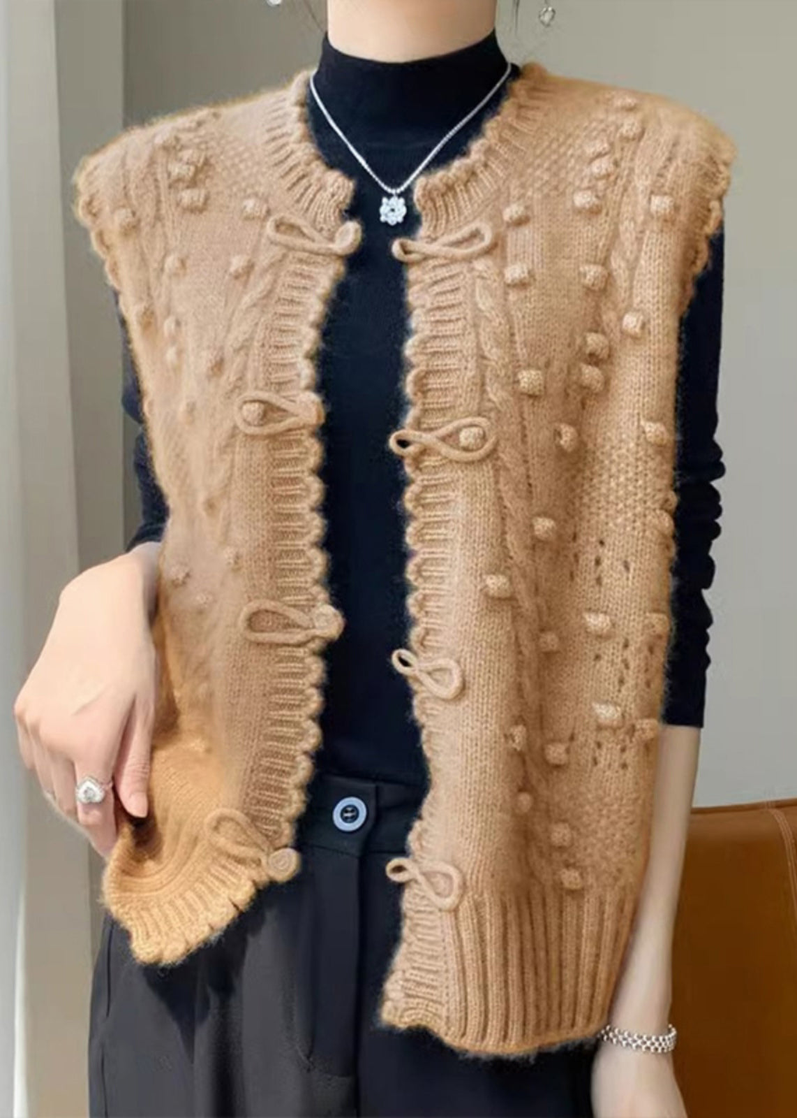 New Camel O Neck Button Cotton Knit Waistcoat Sleeveless