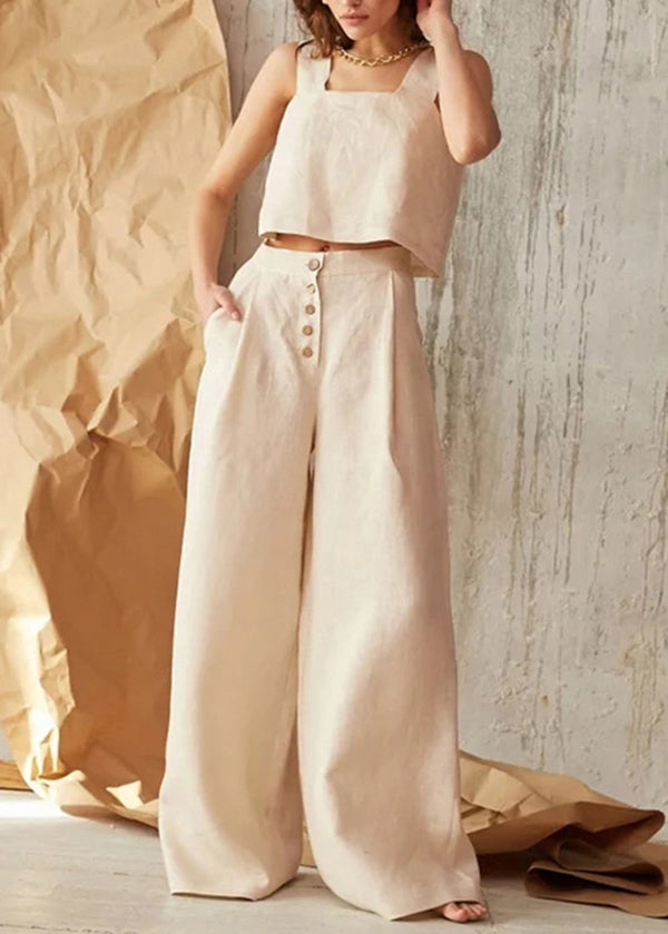New Apricot Pockets Button Linen Straight Pants Spring