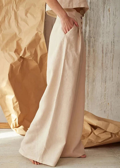 New Apricot Pockets Button Linen Straight Pants Spring