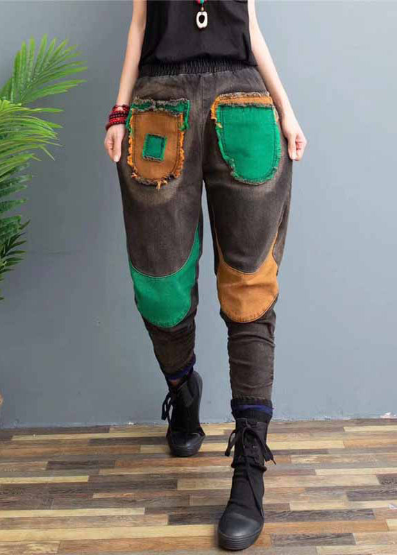 New Elastic Waist Patchwork Warm Fleece Denim Pants Spring
