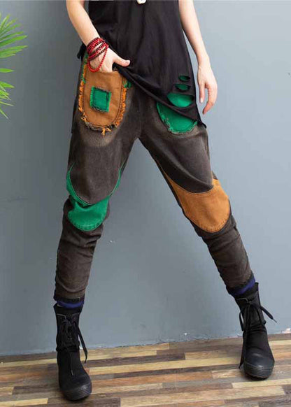 New Elastic Waist Patchwork Warm Fleece Denim Pants Spring