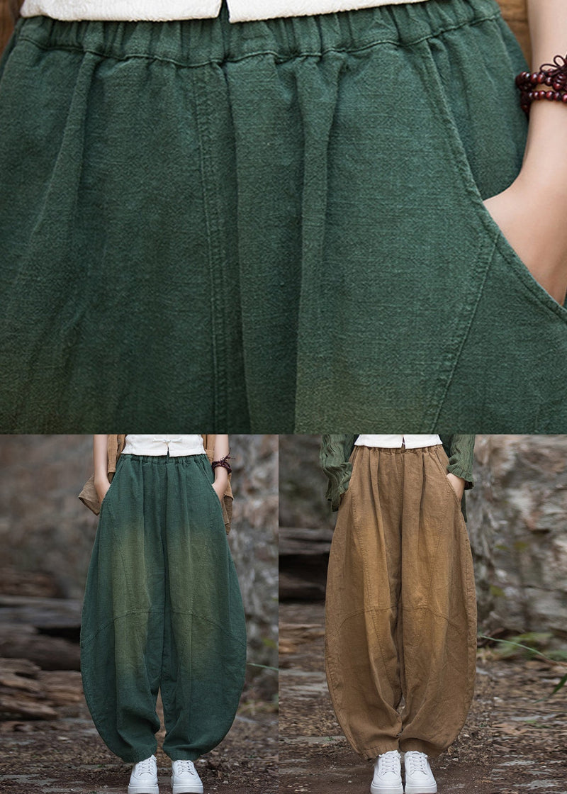 New Green Pockets Patchwork Linen Lantern Pants Fall