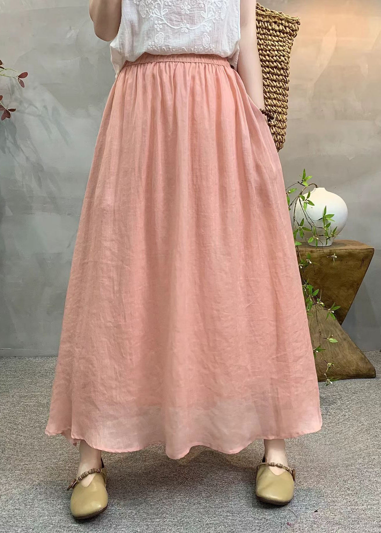 New Navy Elastic Waist Linen Skirts Summer