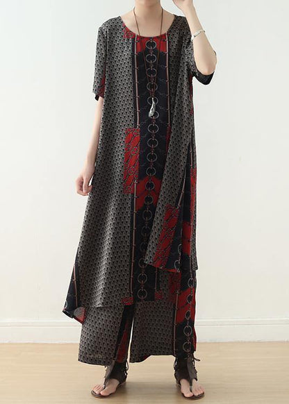 New Red Prints Silk Two Pieces Short Sleeve Tops With Wide Leg Pants