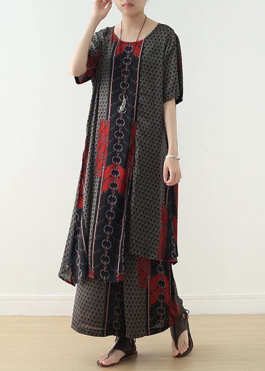New Red Prints Silk Two Pieces Short Sleeve Tops With Wide Leg Pants