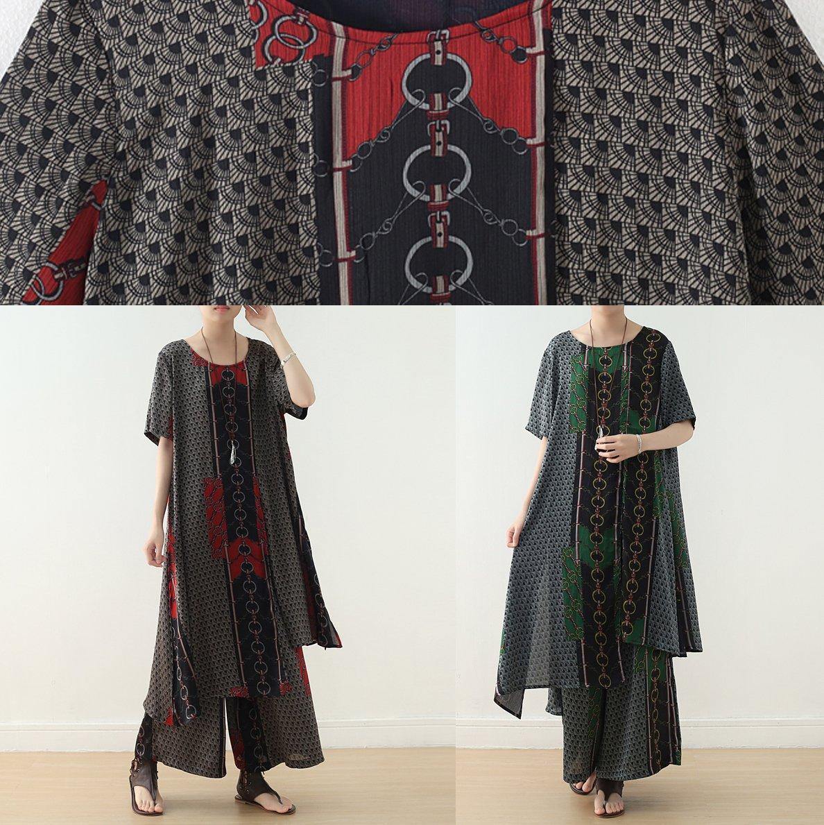 New Red Prints Silk Two Pieces Short Sleeve Tops With Wide Leg Pants