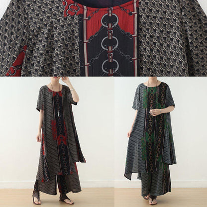 New Red Prints Silk Two Pieces Short Sleeve Tops With Wide Leg Pants
