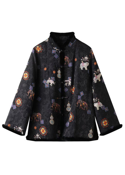 New Chinese Black Jacquard Mink Fur Fine Cotton Filled Coat Winter
