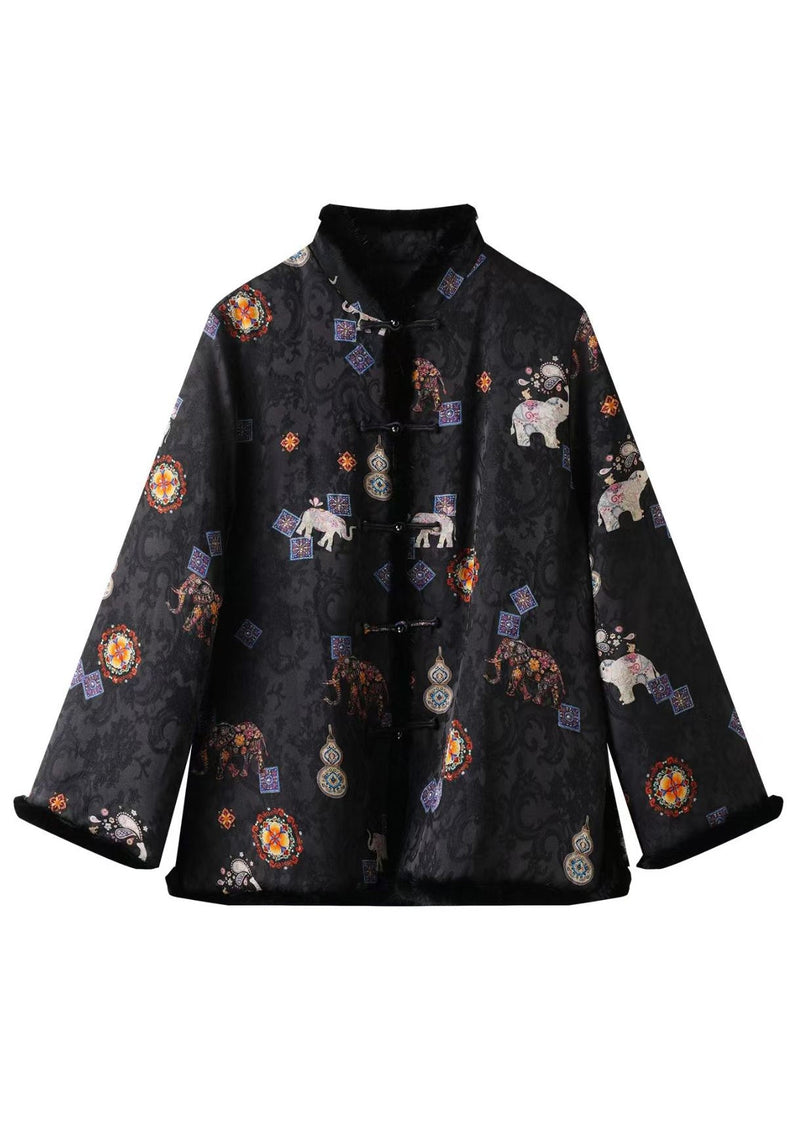 New Chinese Black Jacquard Mink Fur Fine Cotton Filled Coat Winter