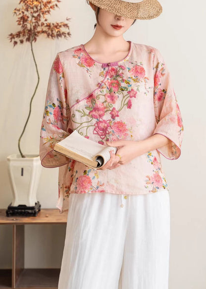 New Chinese Style Blue Linen Printed Embroidered Top Summer