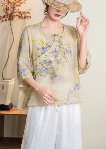 New Chinese Style Blue Linen Printed Embroidered Top Summer