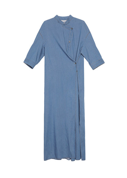 New Chinese Style Blue Stand Collar Button Denim Dress Autumn