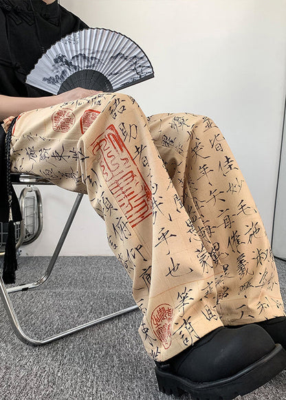 New Chinese Style Printed Ice Silk Wide Leg Pants Summer