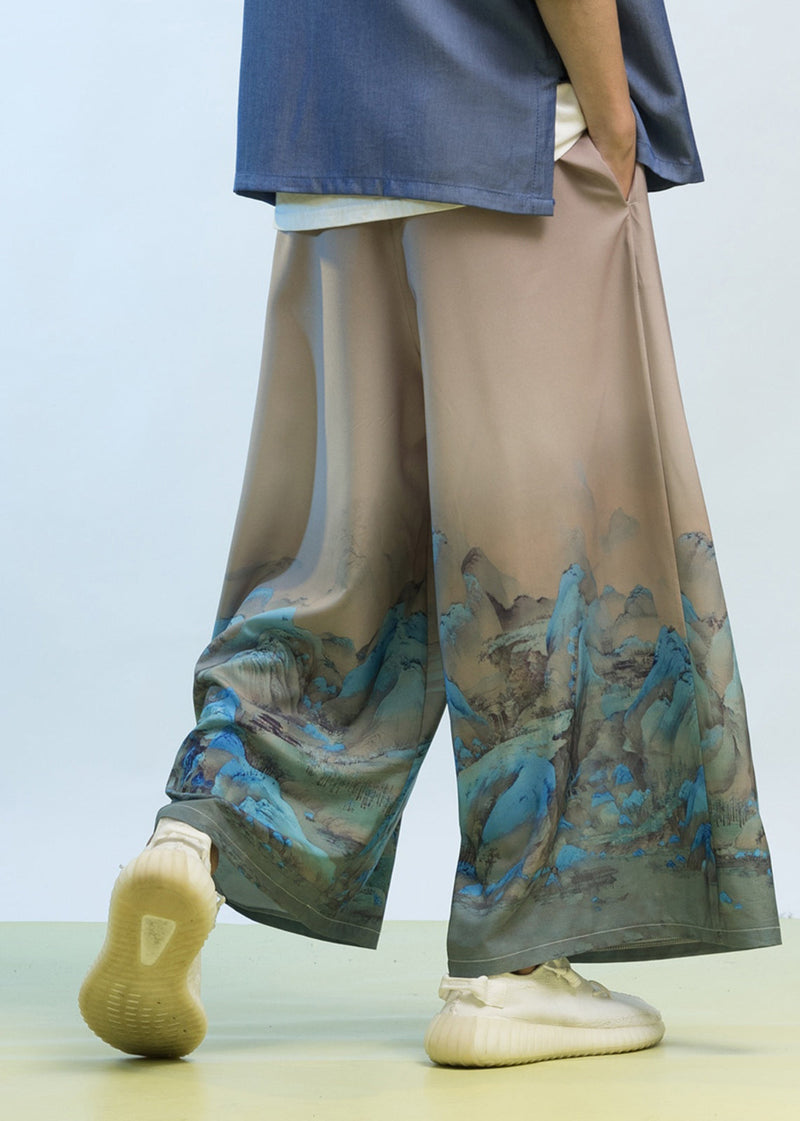 New Chinese Style Thousand Mile Jiangshan Printed Wide Leg Pants