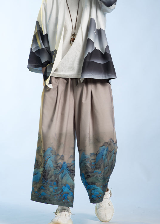 New Chinese Style Thousand Mile Jiangshan Printed Wide Leg Pants