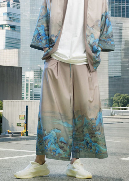 New Chinese Style Thousand Mile Jiangshan Printed Wide Leg Pants