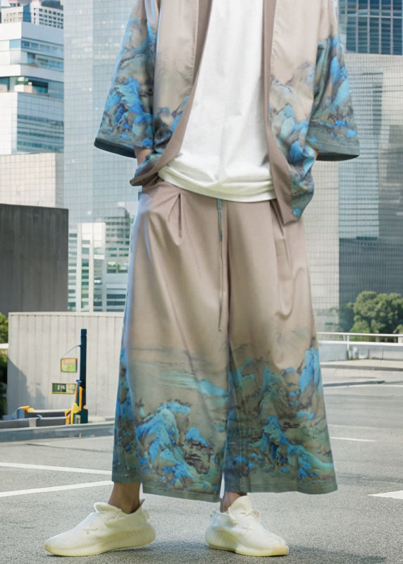 New Chinese Style Thousand Mile Jiangshan Printed Wide Leg Pants