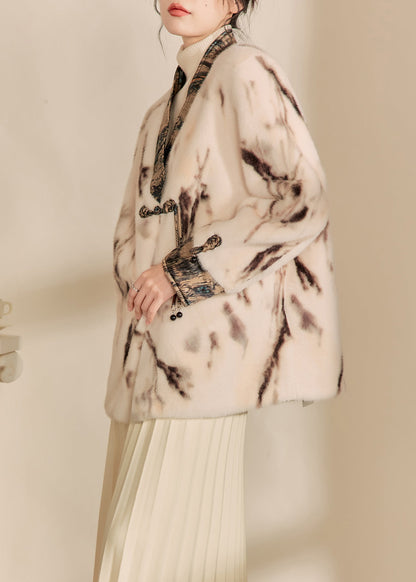 New Chinese Style V Neck Ink Painting Mink Velvet Warm Coat Spring