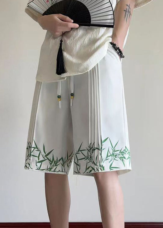 New Chinese Style White Bamboo Print Ice Silk Shorts Summer
