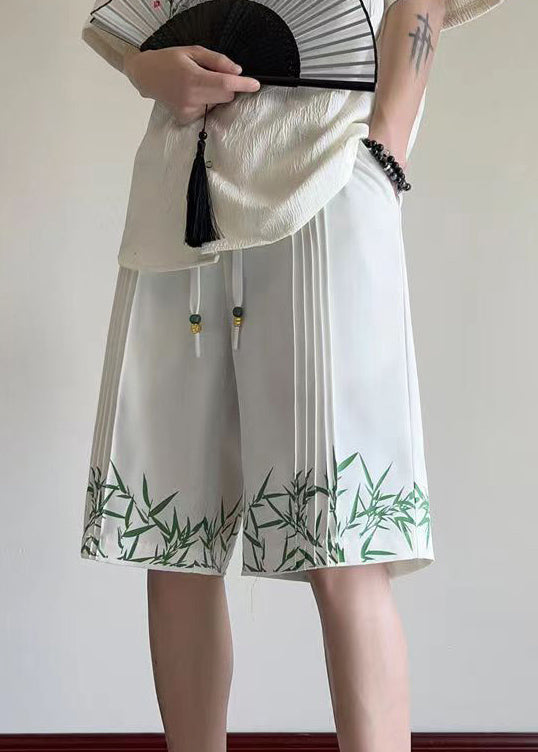 New Chinese Style White Bamboo Print Ice Silk Shorts Summer