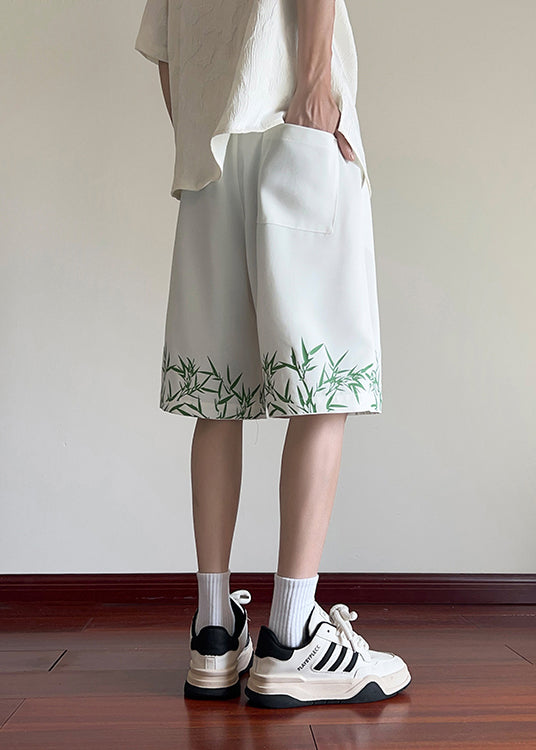 New Chinese Style White Bamboo Print Ice Silk Shorts Summer