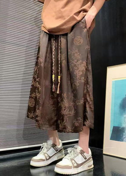 New Chocolate Pockets Print Ice Silk Crop Pants Summer