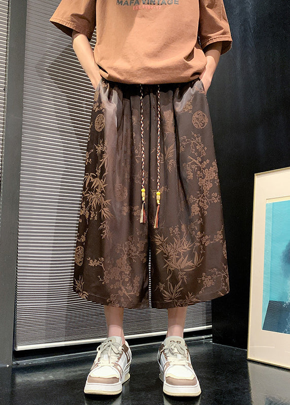 New Chocolate Pockets Print Ice Silk Crop Pants Summer